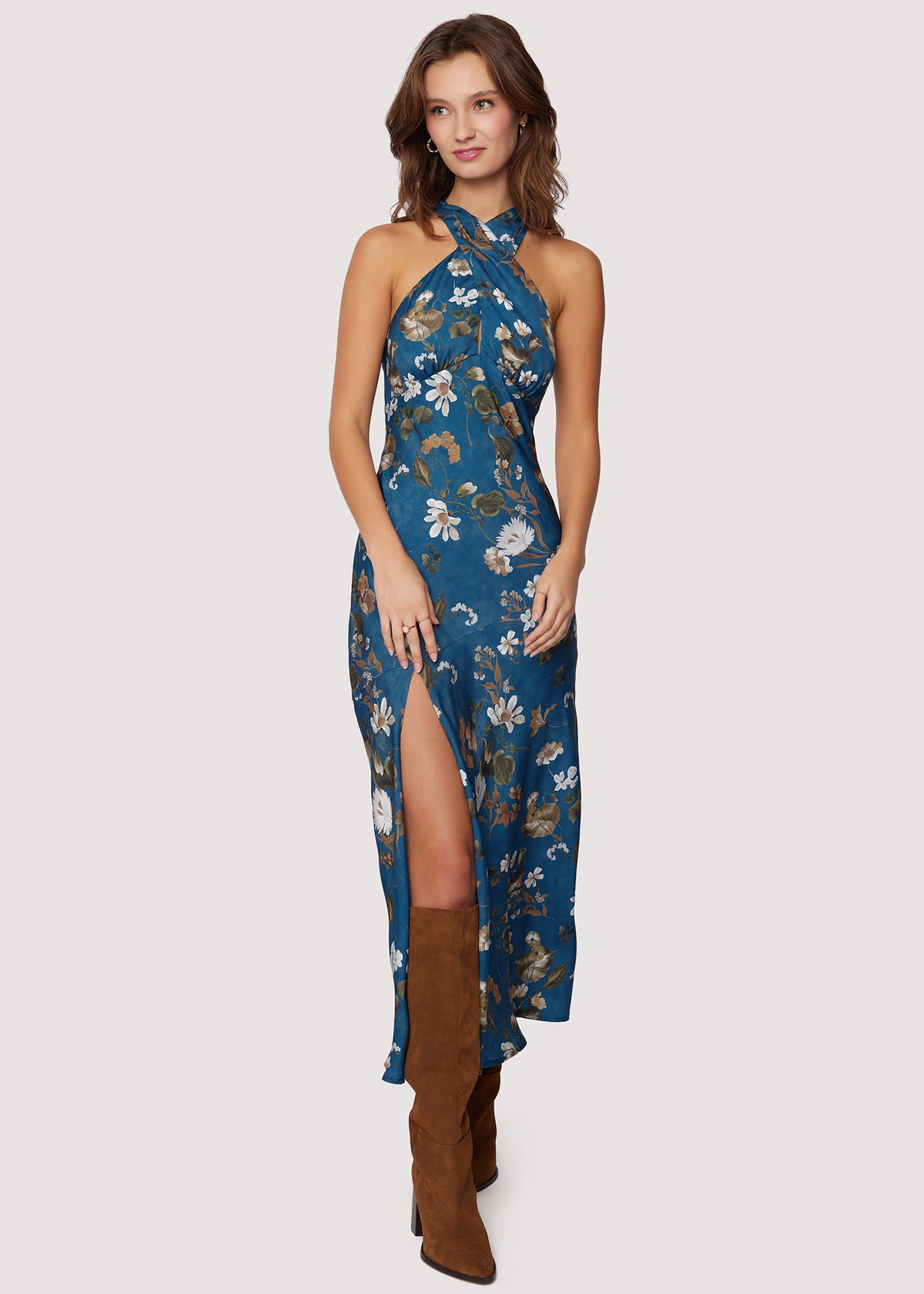 LOST+WANDER Renata's Garden Satin Halter Neck Slit Maxi Dress - Blue | Lost  + Wander