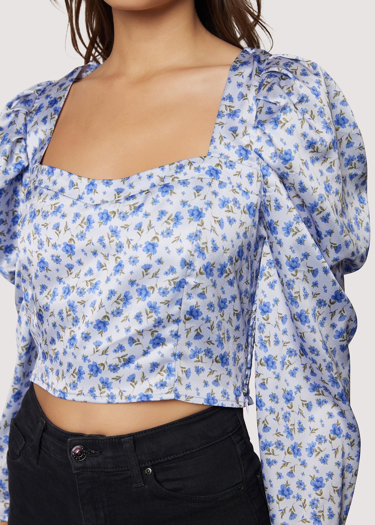 White Blue Floral Pattern Long Puff Sleeve Square Neck Tie Crop